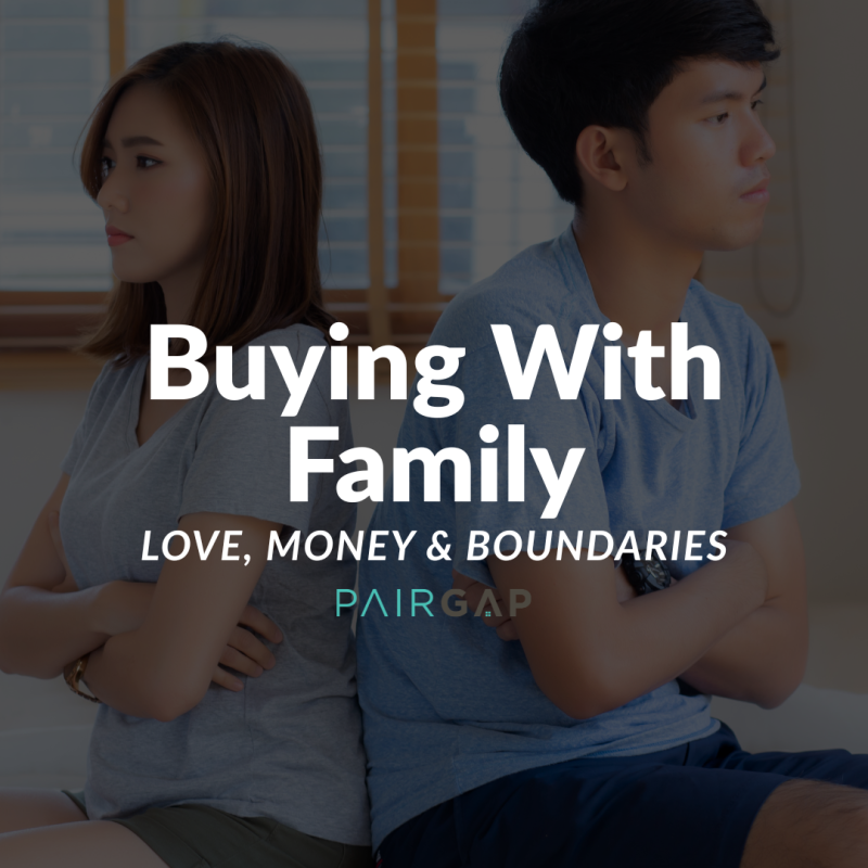 A couple sitting back-to-back on a bed with arms crossed, expressing emotional strain in family-based co-ownership decisions.