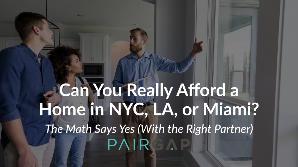 Two homebuyers touring a modern apartment with a real estate agent, representing the idea of co-buying a home in NYC, LA, or Miami.