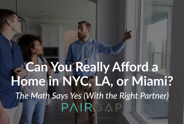 Two homebuyers touring a modern apartment with a real estate agent, representing the idea of co-buying a home in NYC, LA, or Miami.