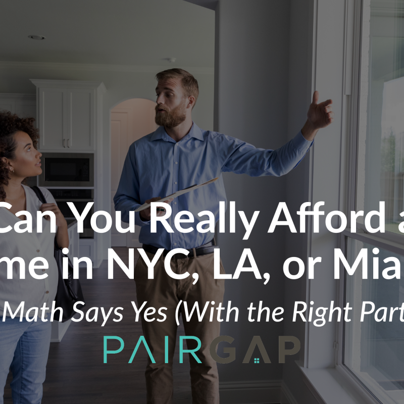 Two homebuyers touring a modern apartment with a real estate agent, representing the idea of co-buying a home in NYC, LA, or Miami.