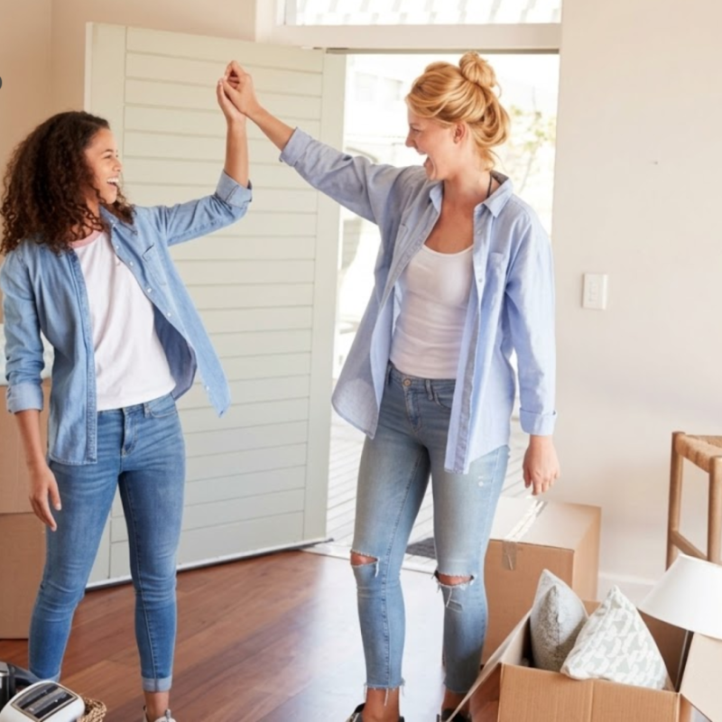 Two women celebrating in their new home surrounded by moving boxes, high-fiving after completing a co-buying purchase together.