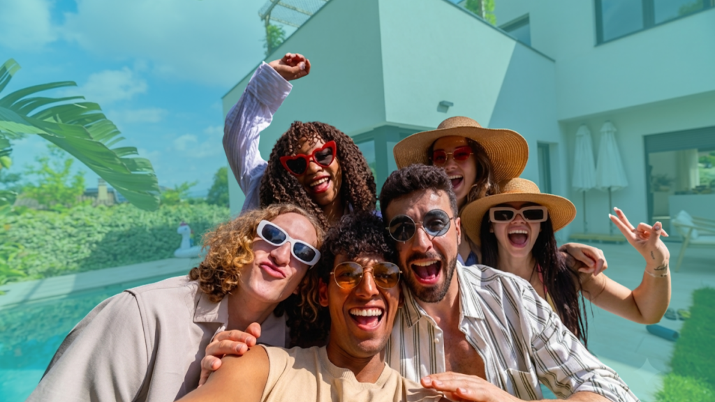 Group of friends standing outside a home, celebrating and preparing to co-buy property together during the summer home buying season.