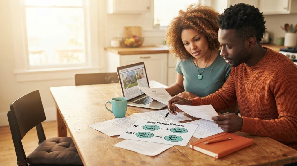 Two co-buyers reviewing how joint tenancy and tenancy in common affect ownership if one owner dies