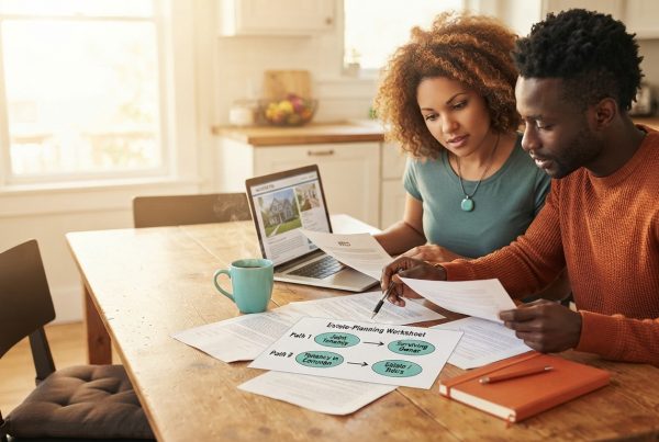 Two co-buyers reviewing how joint tenancy and tenancy in common affect ownership if one owner dies