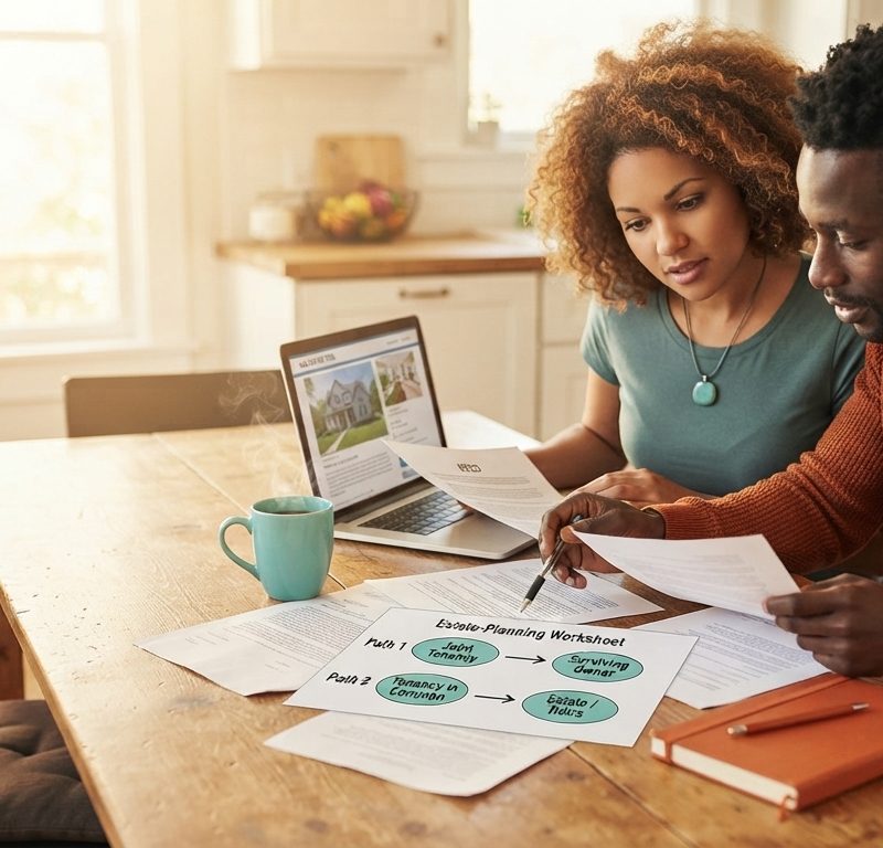 Two co-buyers reviewing how joint tenancy and tenancy in common affect ownership if one owner dies
