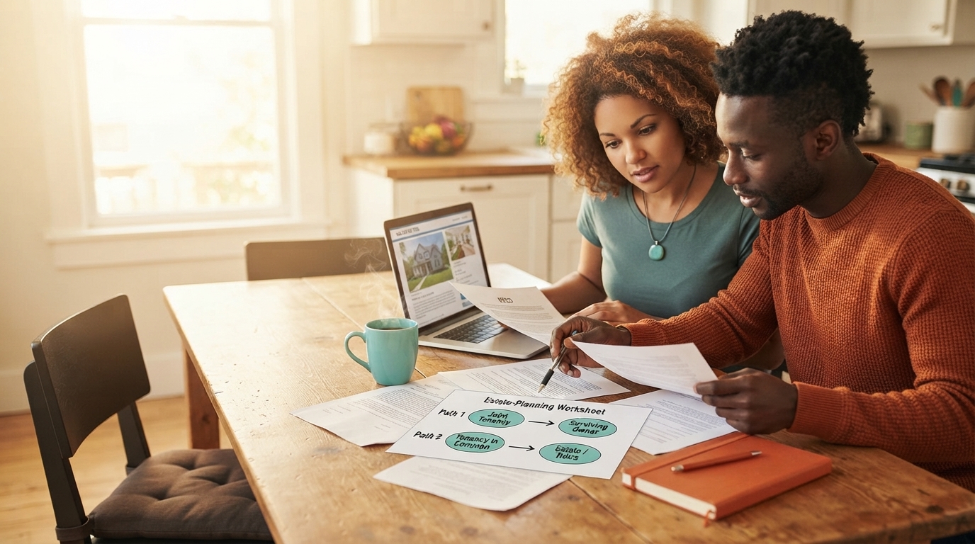 Two co-buyers reviewing how joint tenancy and tenancy in common affect ownership if one owner dies