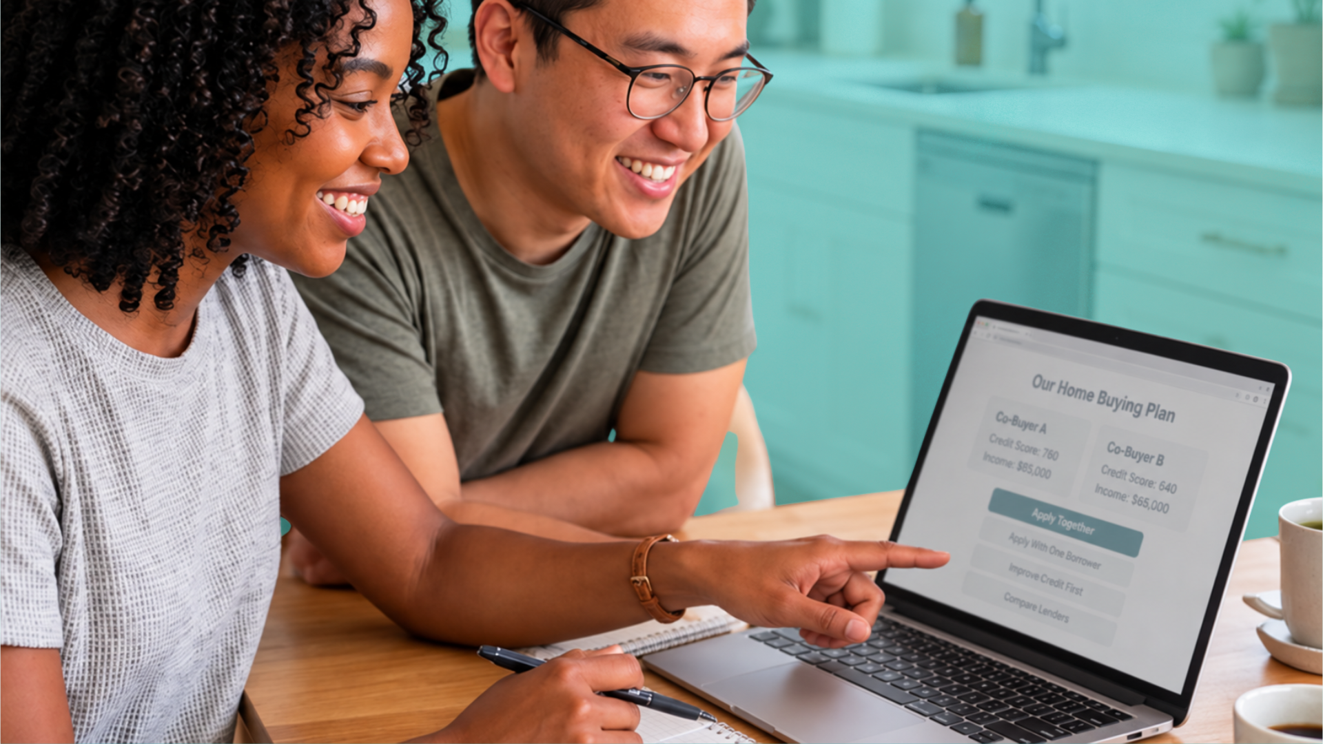 Two friends reviewing combined savings, down payment assistance options and mortgage plans before buying a home together