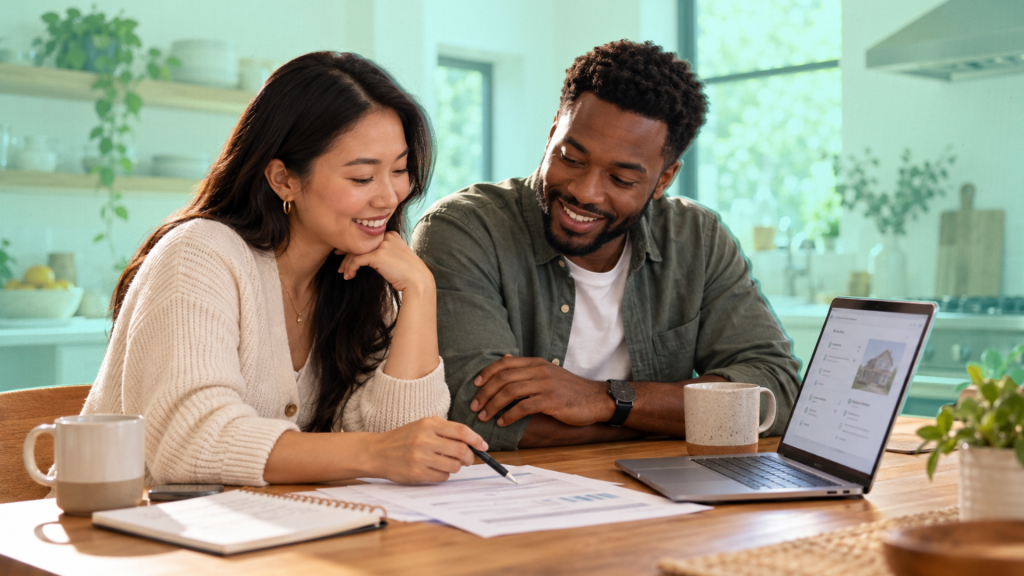 Two co-buyers reviewing homeowners insurance coverage, ownership percentages and shared premium responsibilities before closing