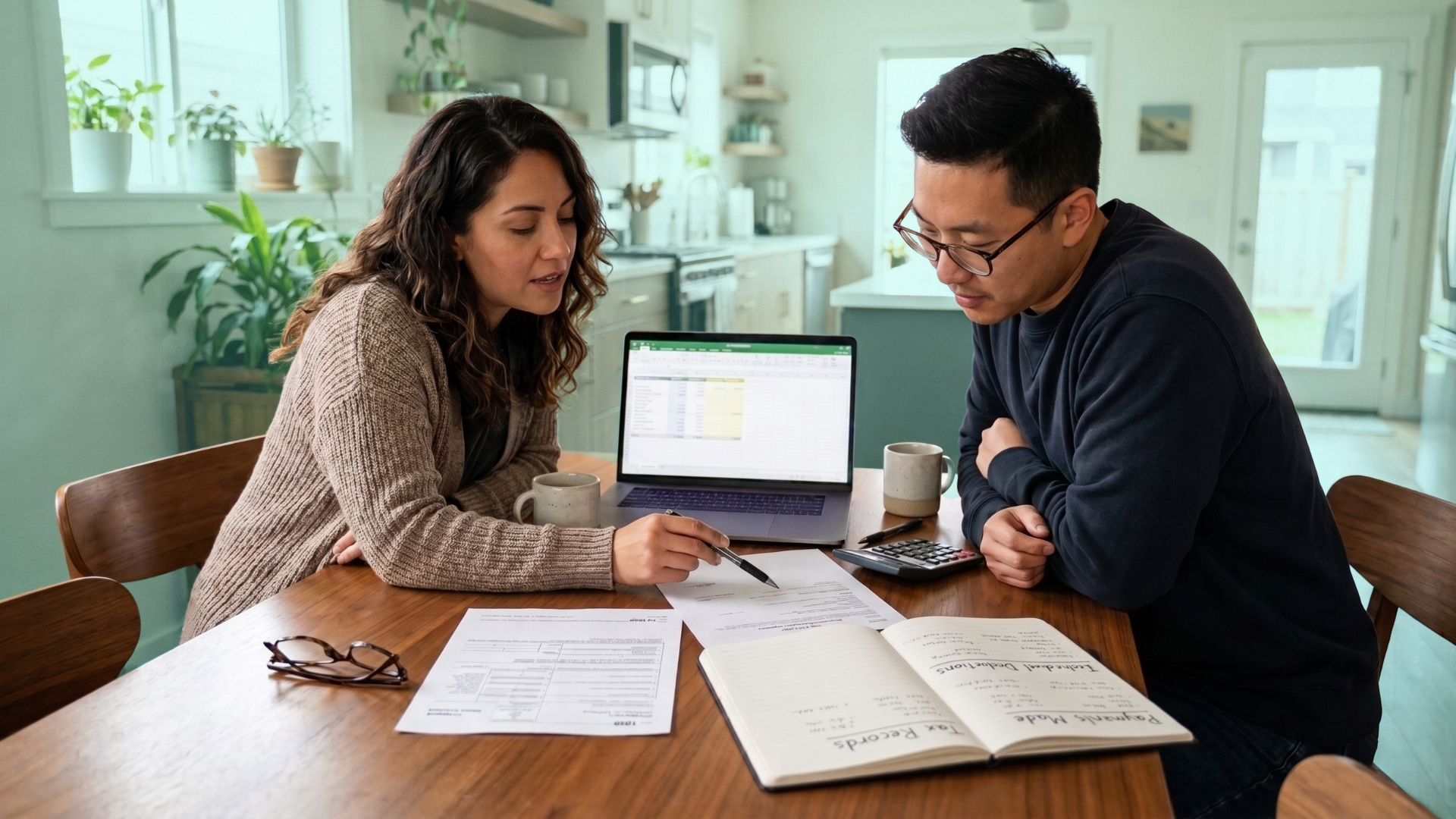 Two co-buyers reviewing mortgage interest statements and individual payment contributions before preparing their tax returns