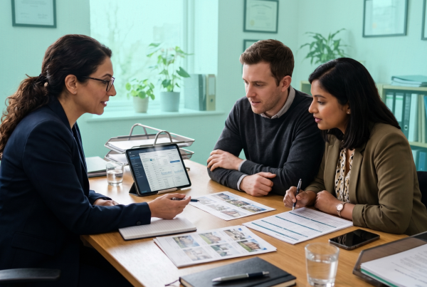 Two co-buyers meeting with a mortgage professional to review financing options after one buyer loses their job before closing