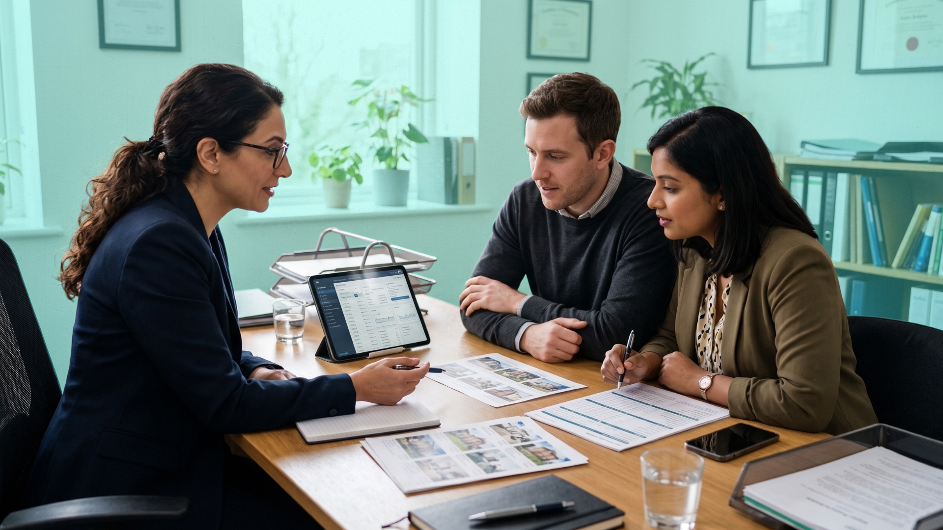 Two co-buyers meeting with a mortgage professional to review financing options after one buyer loses their job before closing