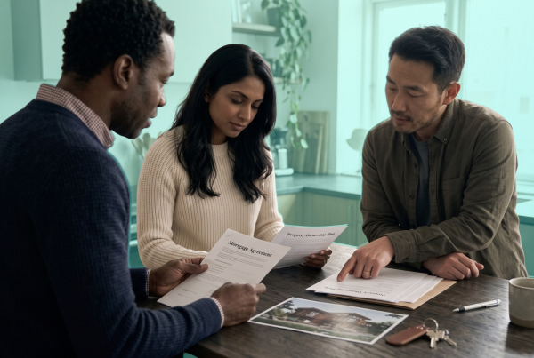 Three co-buyers standing together while reviewing mortgage and property ownership documents before buying a home.