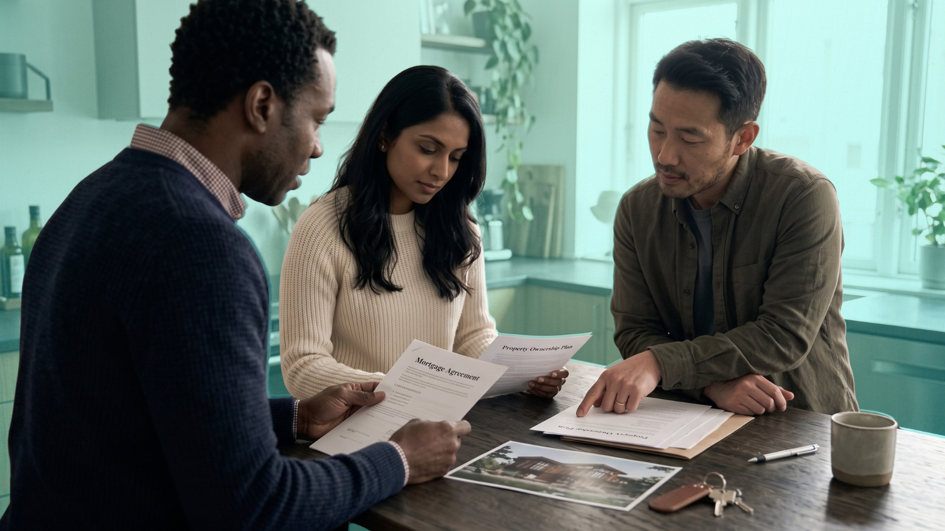 Three co-buyers standing together while reviewing mortgage and property ownership documents before buying a home.