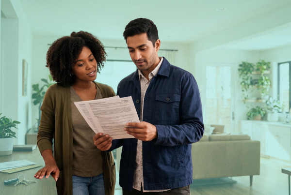 Two friends standing inside a home while one reads FHA mortgage information and the other listens before buying together.