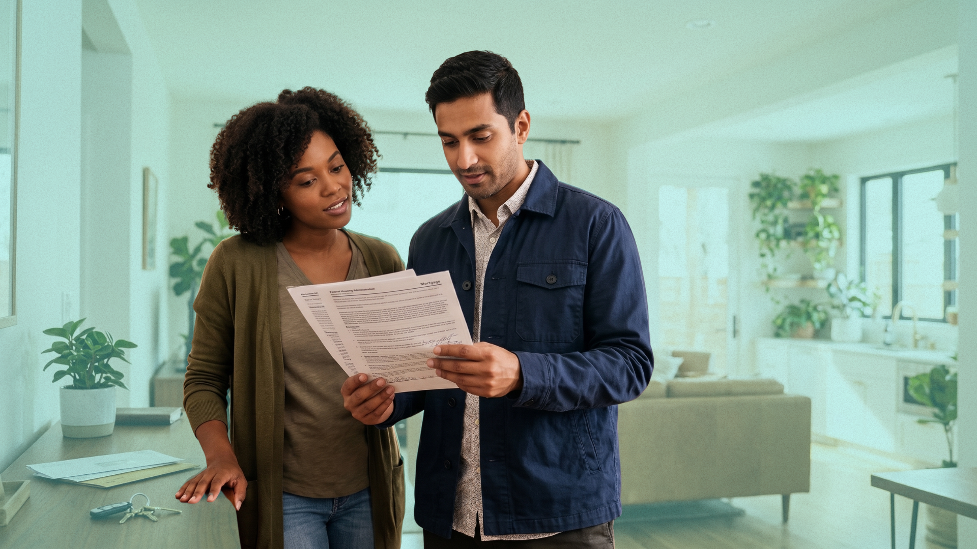 Two friends standing inside a home while one reads FHA mortgage information and the other listens before buying together.
