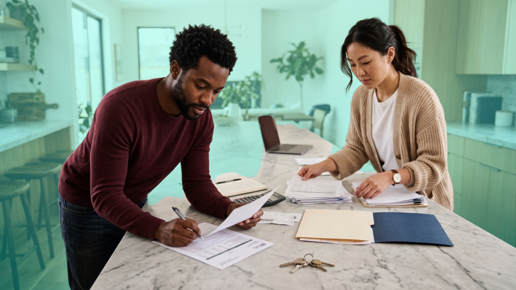 Two co-buyers organizing mortgage statements and shared home expense records to track what each person paid.