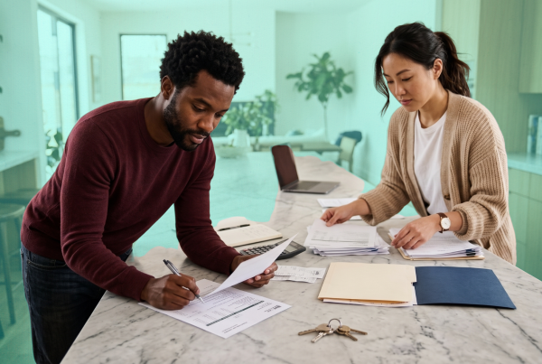 Two co-buyers organizing mortgage statements and shared home expense records to track what each person paid.