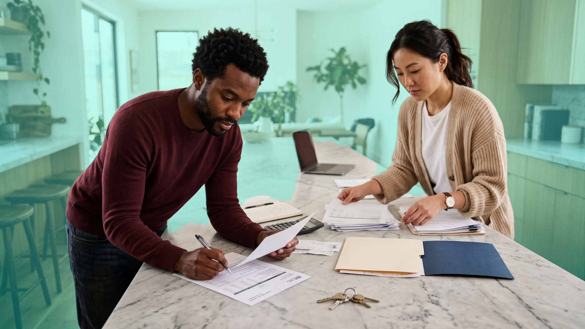 Two co-buyers organizing mortgage statements and shared home expense records to track what each person paid.