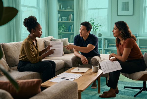 Three co-living adults reviewing a co-ownership agreement together in a modern living room.