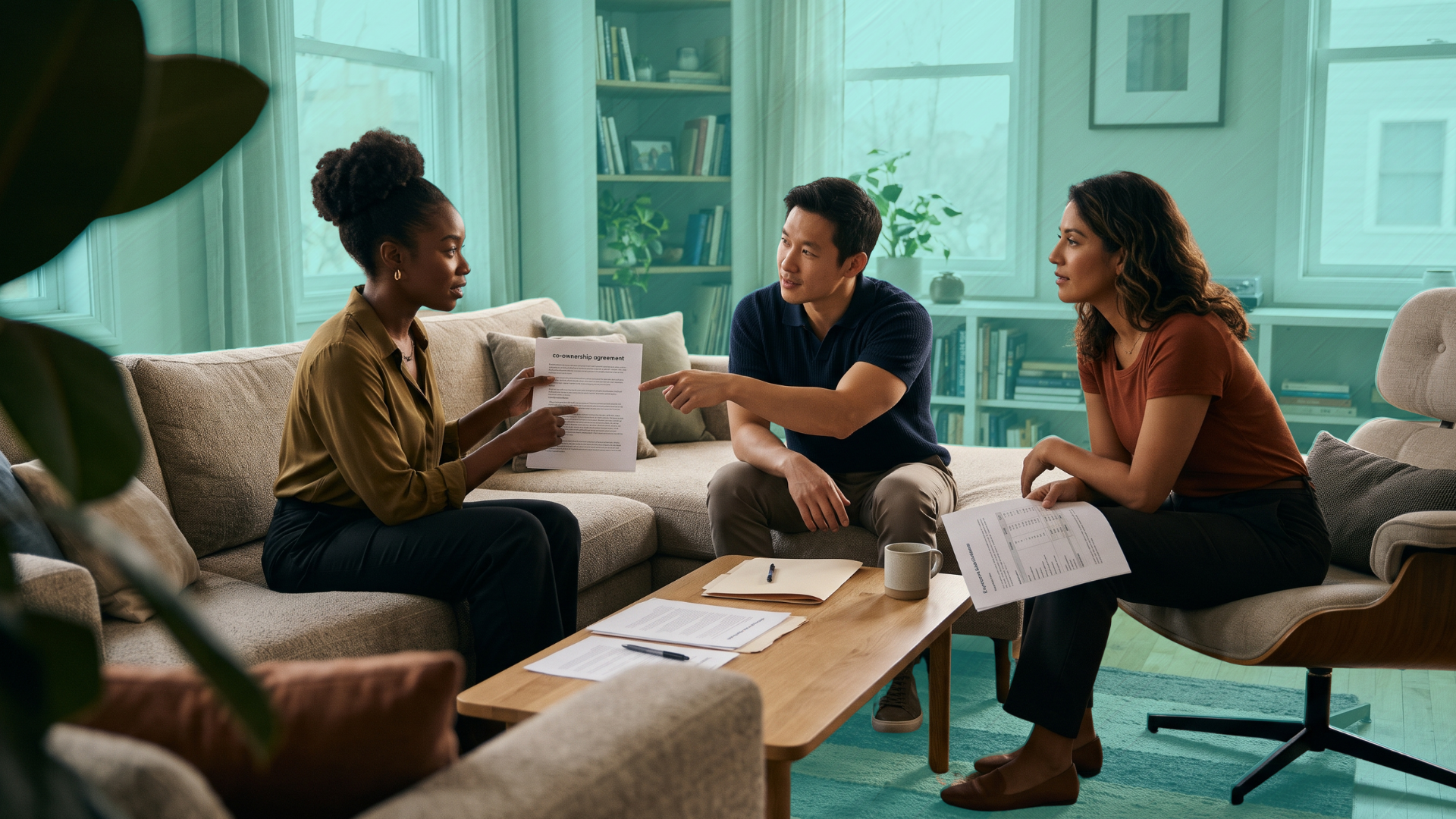 Three co-living adults reviewing a co-ownership agreement together in a modern living room.