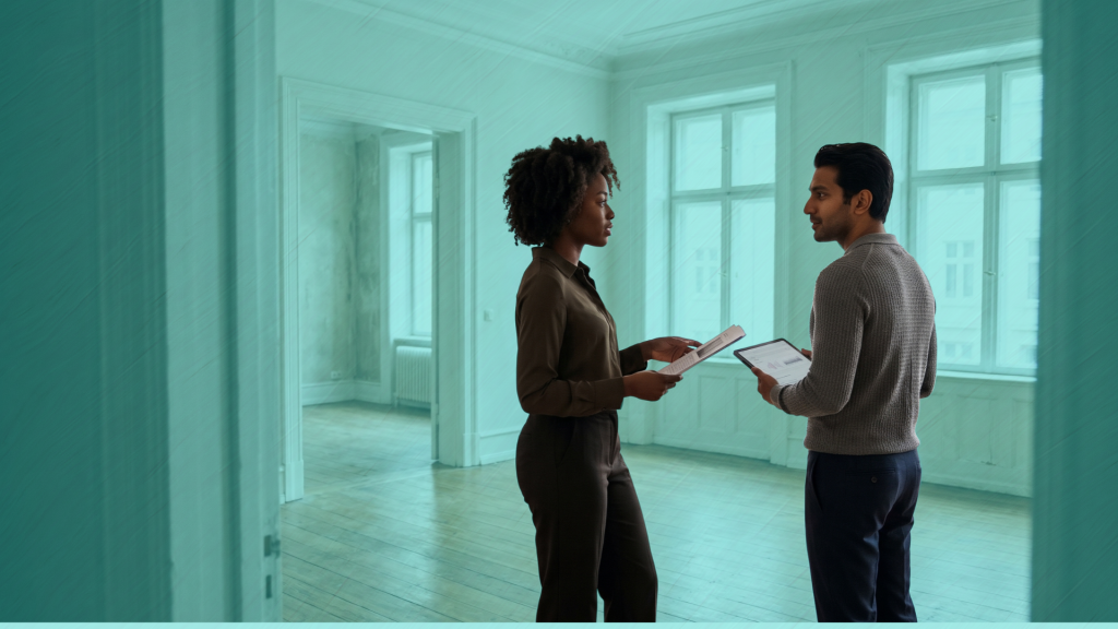 Two prospective co-buyers discussing financing while viewing a spacious home together.
