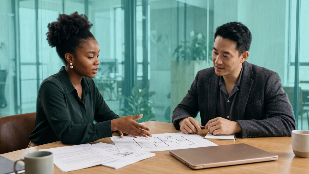 Two co-buyers discussing duplex financing and shared property ownership in a professional office.