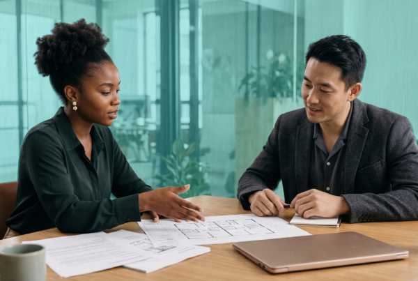 Two co-buyers discussing duplex financing and shared property ownership in a professional office.