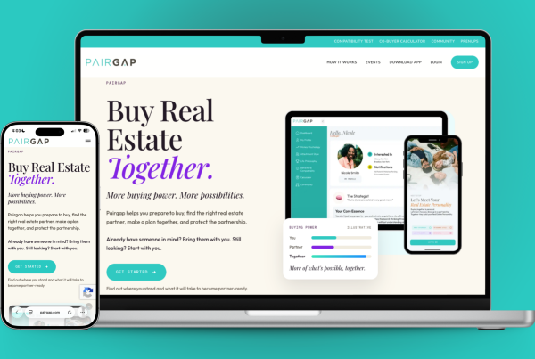 Pairgap's redesigned website displayed on a laptop and smartphones with co-buying tools and profiles