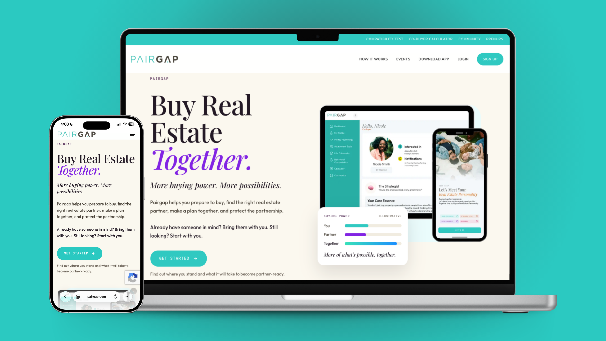 Pairgap's redesigned website displayed on a laptop and smartphones with co-buying tools and profiles